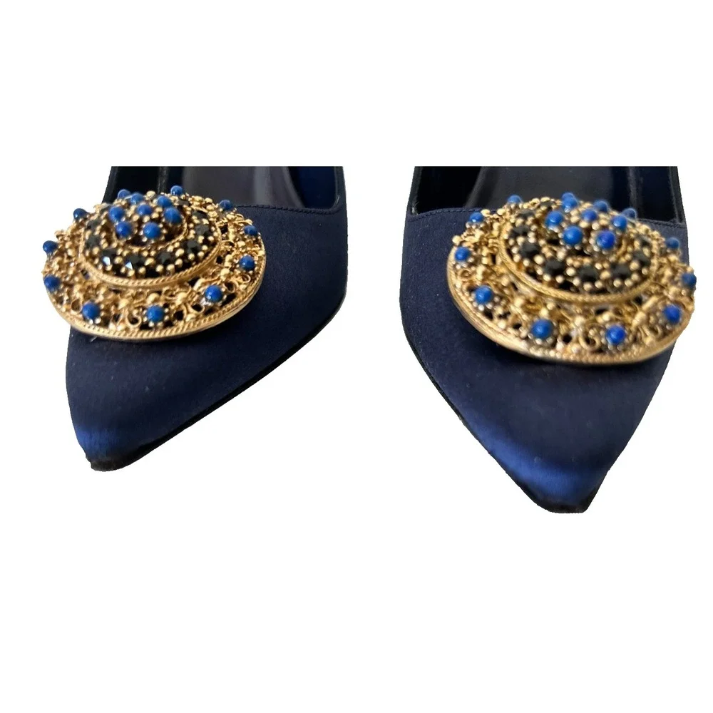 Manolo Blahnik Rigiuba Navy Blue Silk Satin Jeweled Pumps Heels 38 Box Bag